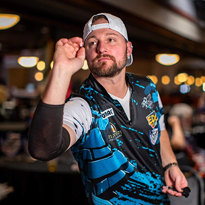 Photo of EDC Remote dart tournament sponsored player Mike in EDC Dart Jersey